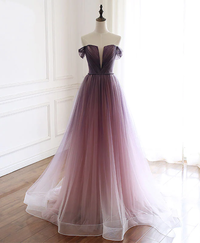 Simple Tulle Off Shoulder Long Prom Dress, Tulle Formal Dress - Deanwangkt