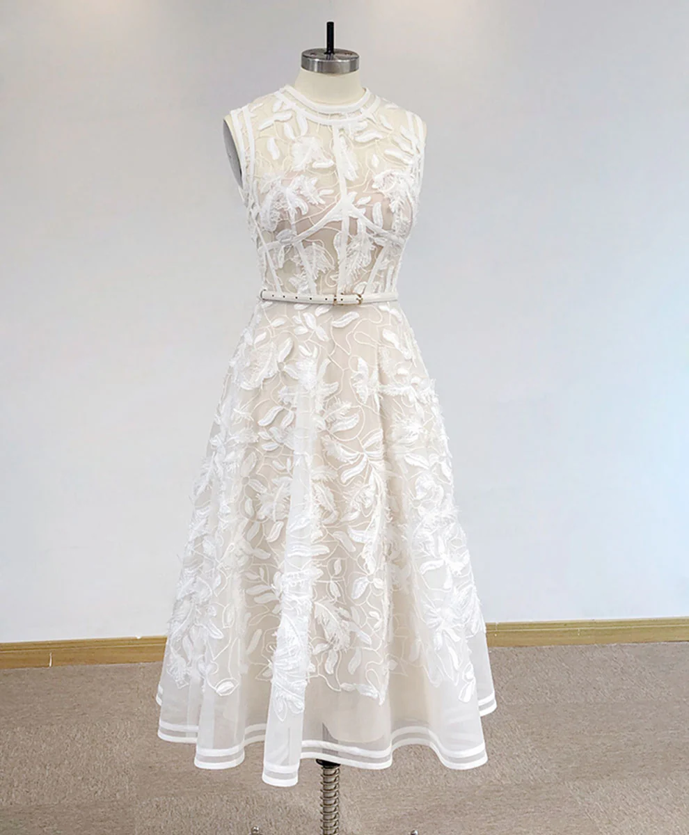 White High Neck Tulle Lace Prom Dress, Lace Formal Party Dress - Deanwangkt