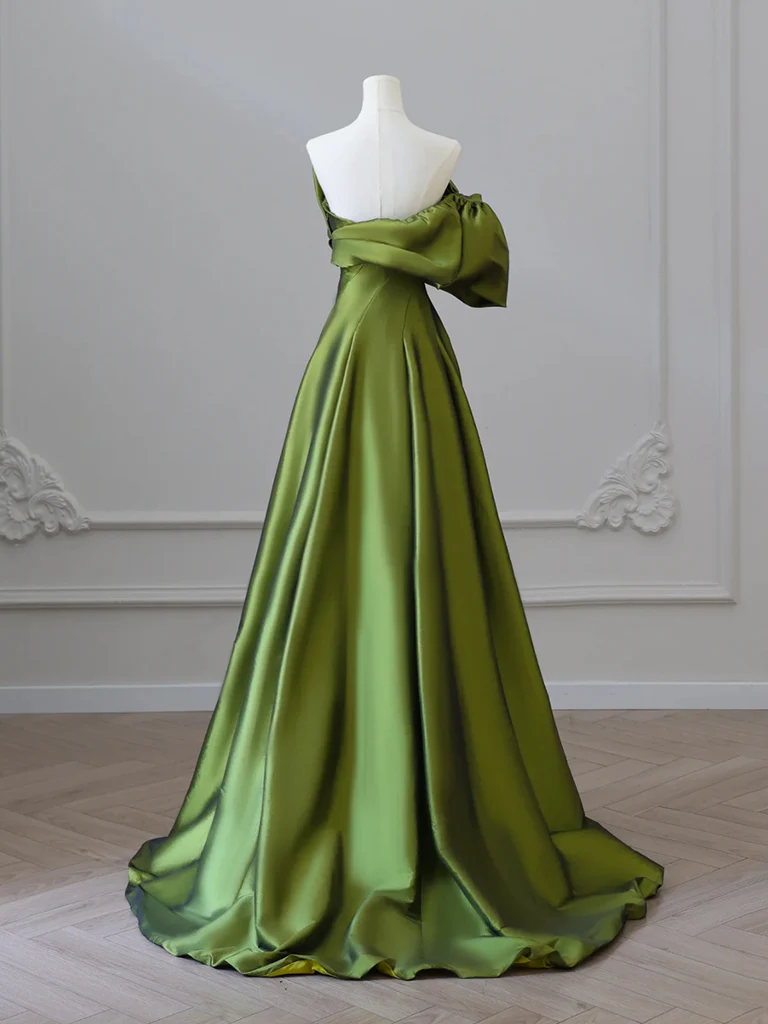 A-Line V Neck Satin Green Long Prom Dress, Green Long Formal Dress - Deanwangkt
