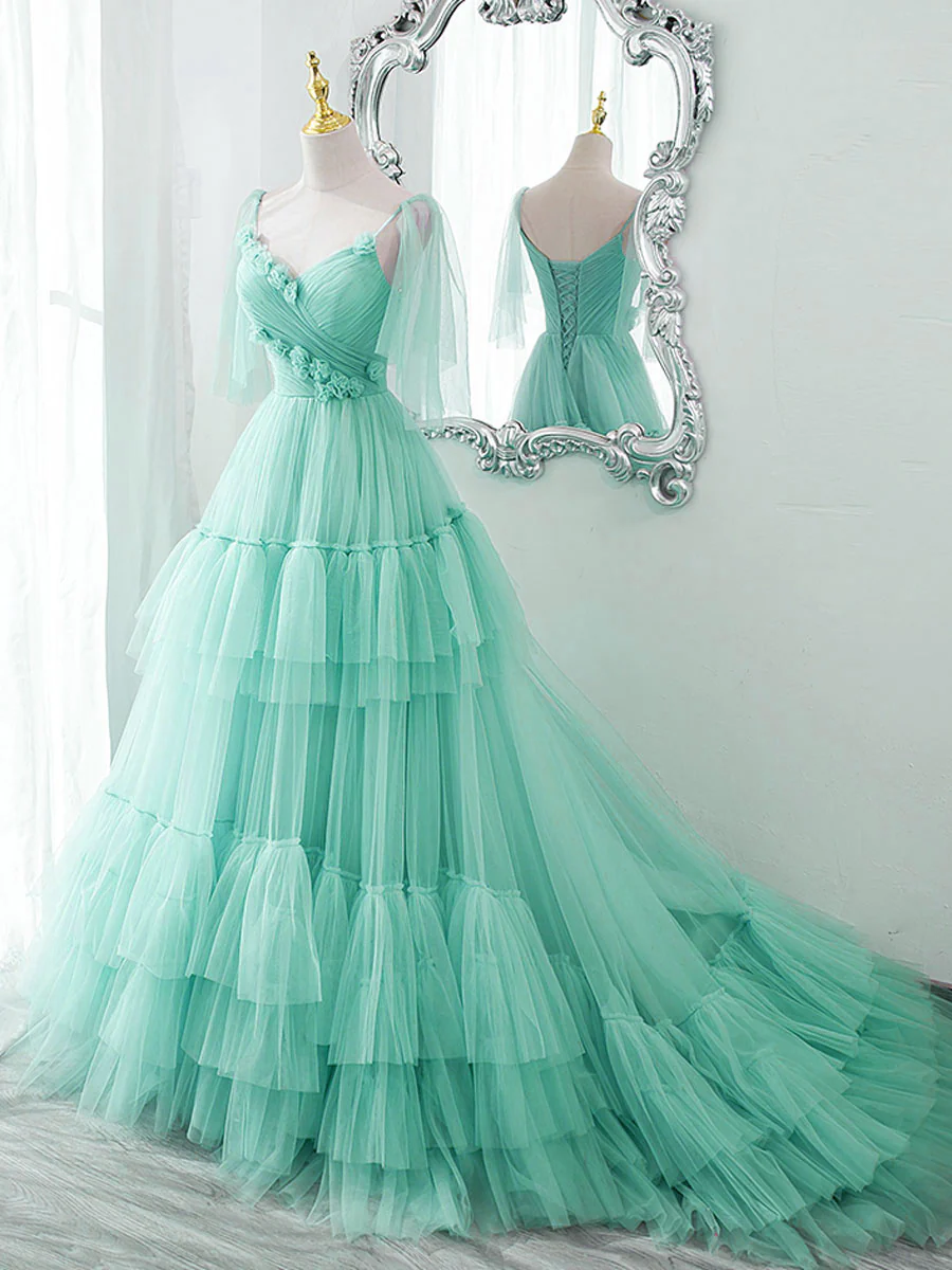 Blue v neck tulle long prom dress, blue tulle formal dress - Deanwangkt
