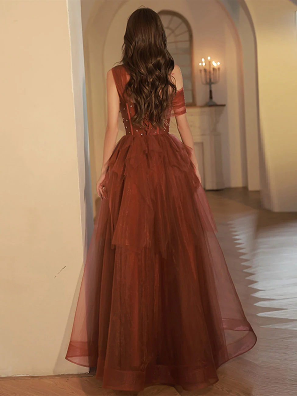 A Line One Shoulder Tulle Long Burgundy Prom Dresses, Burgundy Formal Graduation Dress With Sequin Beading - Deanwangkt