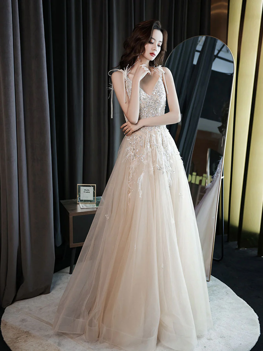 Champagne V Neck Tulle Sequin Lace Long Prom Dress, Champagne Evening Dress - Deanwangkt