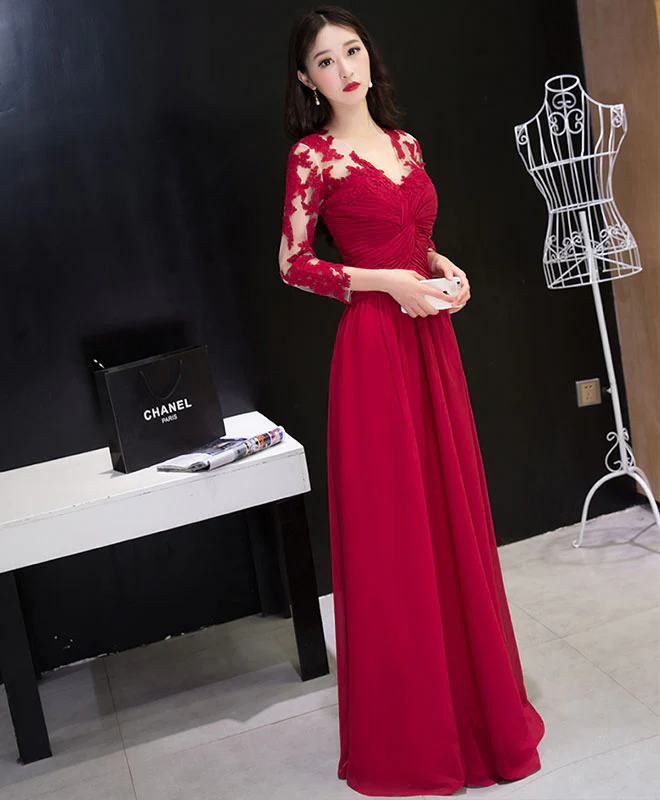 Burgundy Chiffon Lace Long Prom Dress, Bridesmaid Dress - Deanwangkt