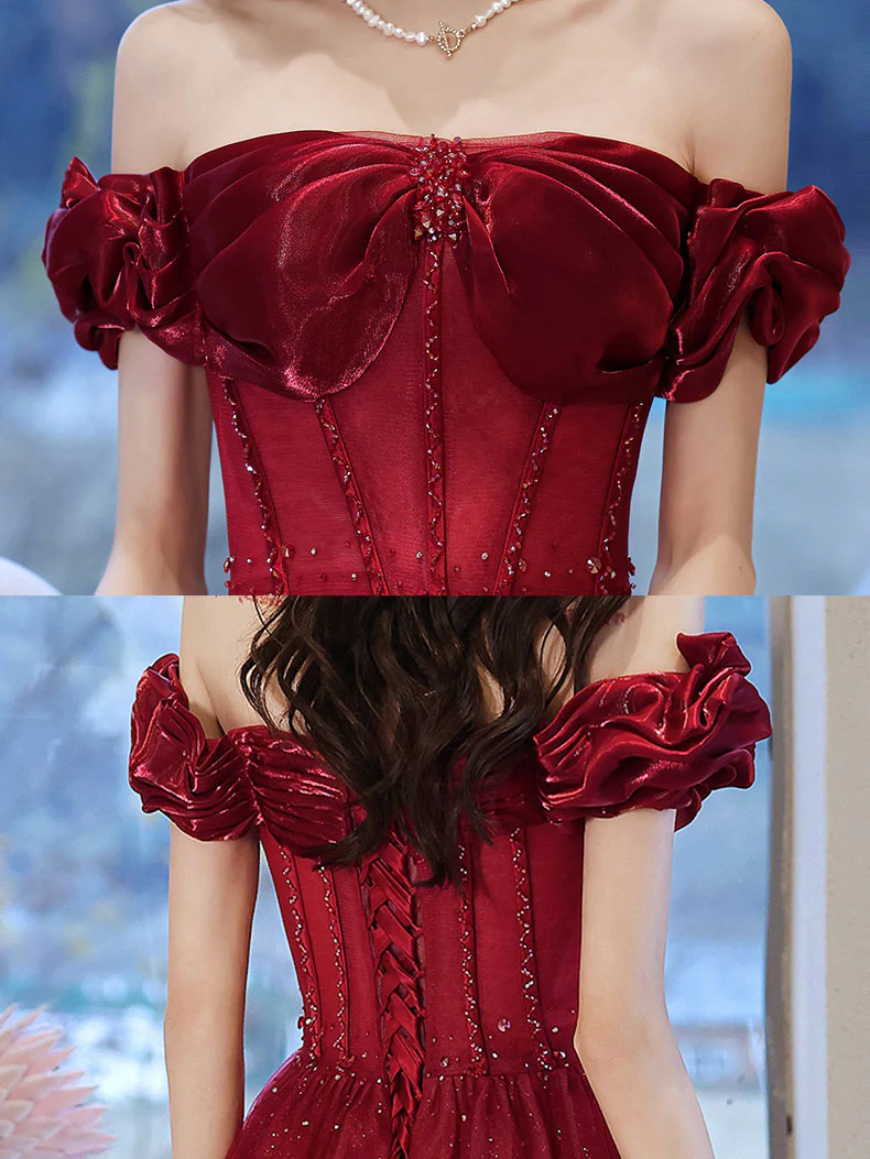 Burgundy Off Shoulder Tulle Long Prom Dress, Burgundy Formal Dresses - Deanwangkt