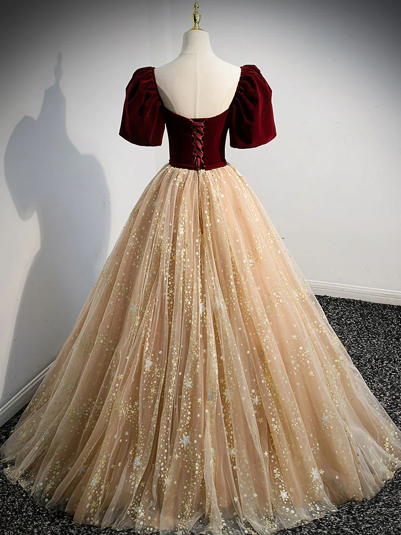 Burgundy Tulle Long Prom Dress, Burgundy Tulle Formal Dresses - Deanwangkt