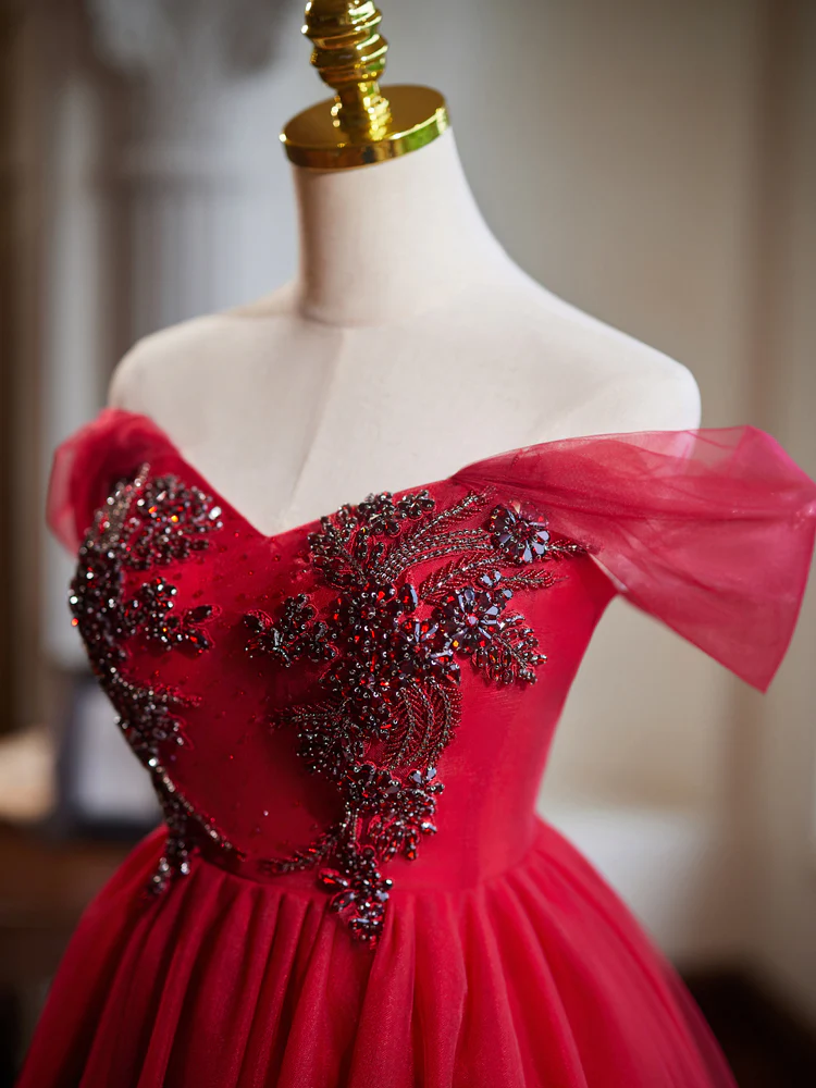 A-Line Off Shoulder V Neck Tulle Burgundy Short Prom Dress with Beads - Deanwangkt