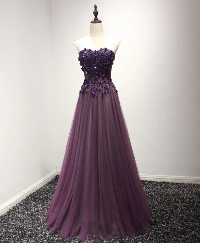 Purple Sweetheart Neck Lace Long Prom Dress, Formal Dress - Deanwangkt