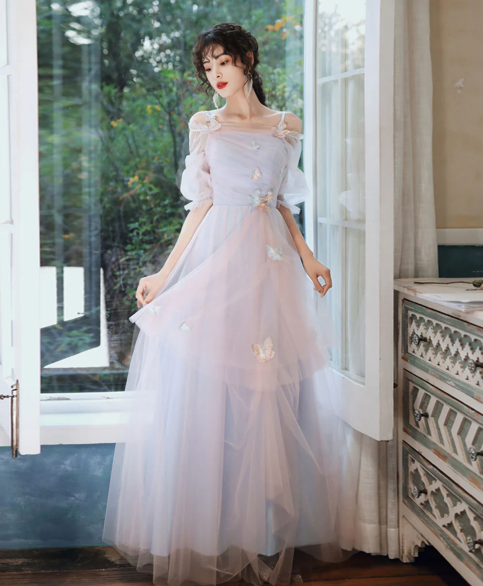 Elegant Pink Blue Tulle Long Prom Dress Pink Blue Formal Dress - Deanwangkt