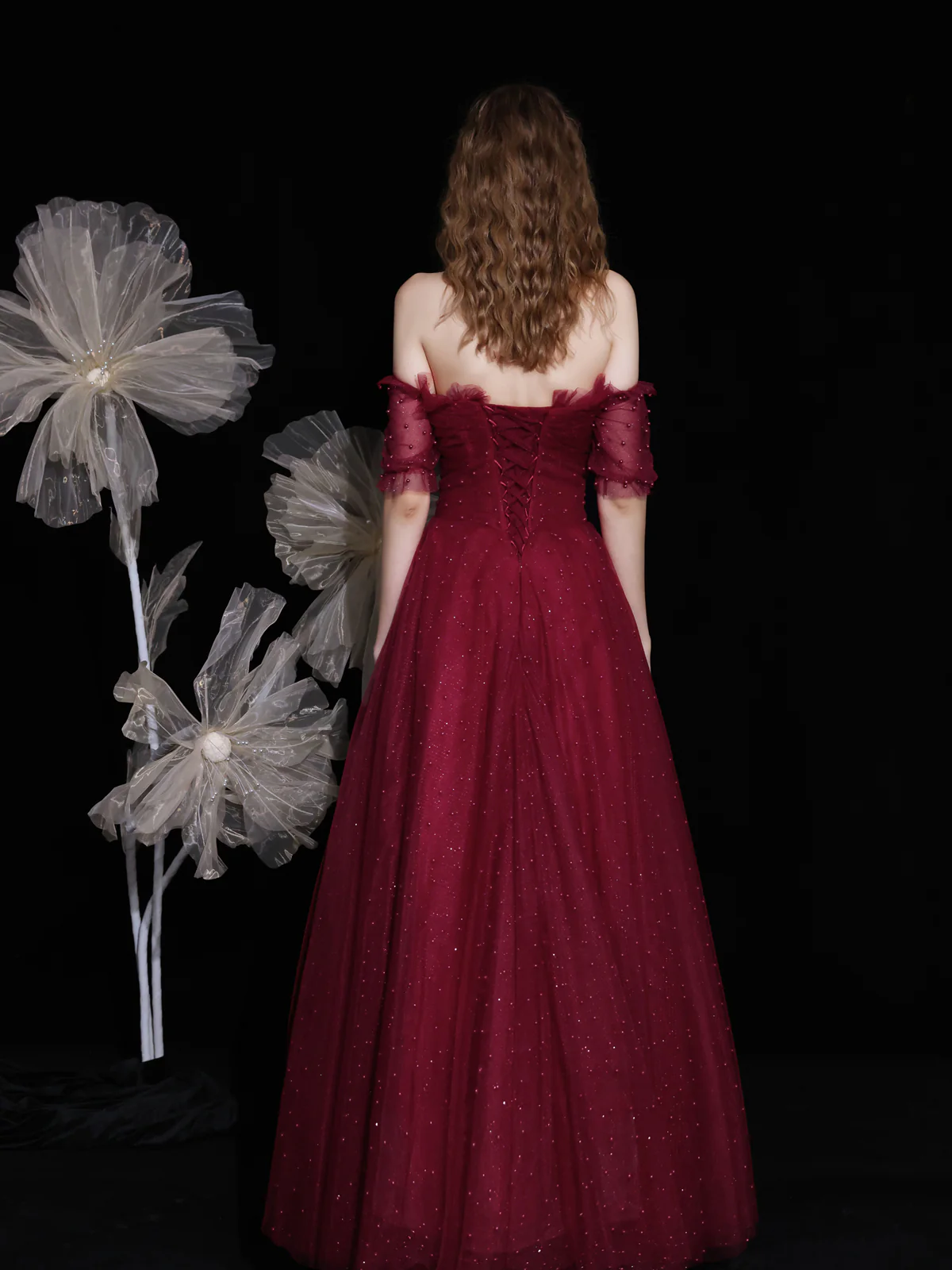 Burgundy sweetheart neck tulle beads long prom dress tulle formal dress - Deanwangkt