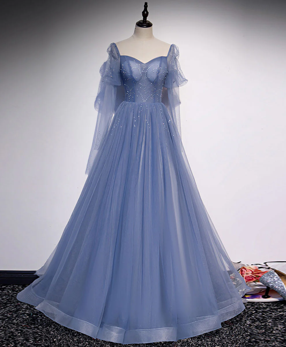 A line Blue Long Prom Dress, Blue Formal Graduation Dress with Beading - Deanwangkt