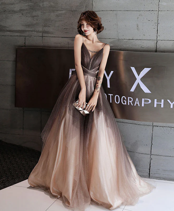 Unique V Neck Tulle Long Prom Dress, Tulle Long Evening Dress - Deanwangkt