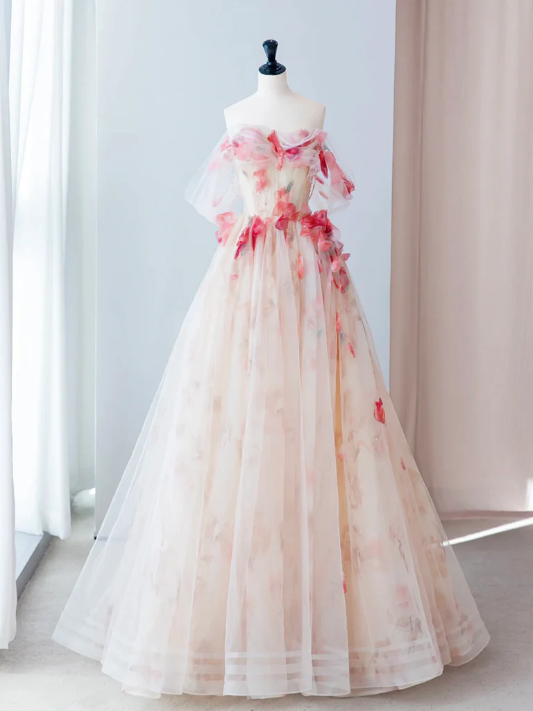 A-Line Tulle Applique Light Champagne Long Prom Dress, Light Champagne Formal Dress - Deanwangkt