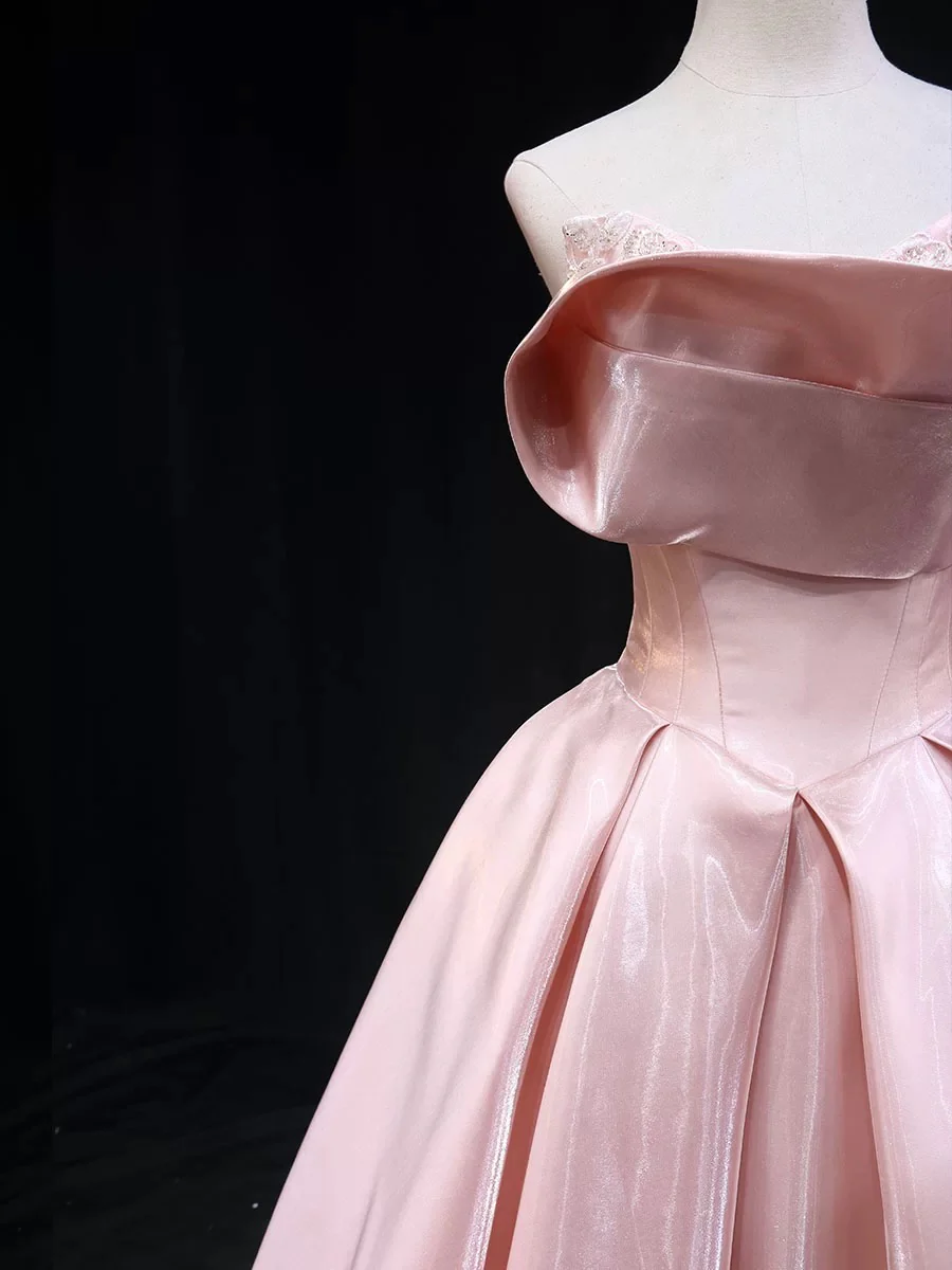 A-Line Satin Pink Long Prom Dress, Pink Long Evening Dress - Deanwangkt