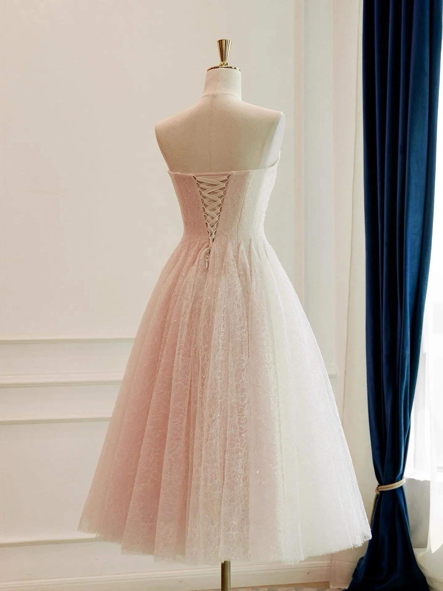 A-Line Tulle Lace Short Prom Dress, Light Champagne Homecoming Dress - Deanwangkt