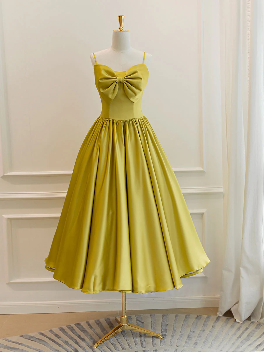 Simple Yellow Satin Tea Length Prom Dress, Yellow Homecoming Dress - Deanwangkt