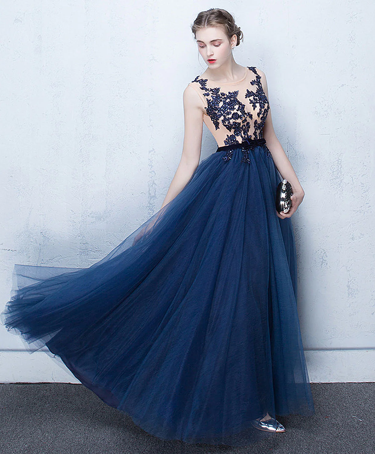 Elegant Dark Blue Tulle Lace Long Prom Dress, Blue Evening Dress - Deanwangkt