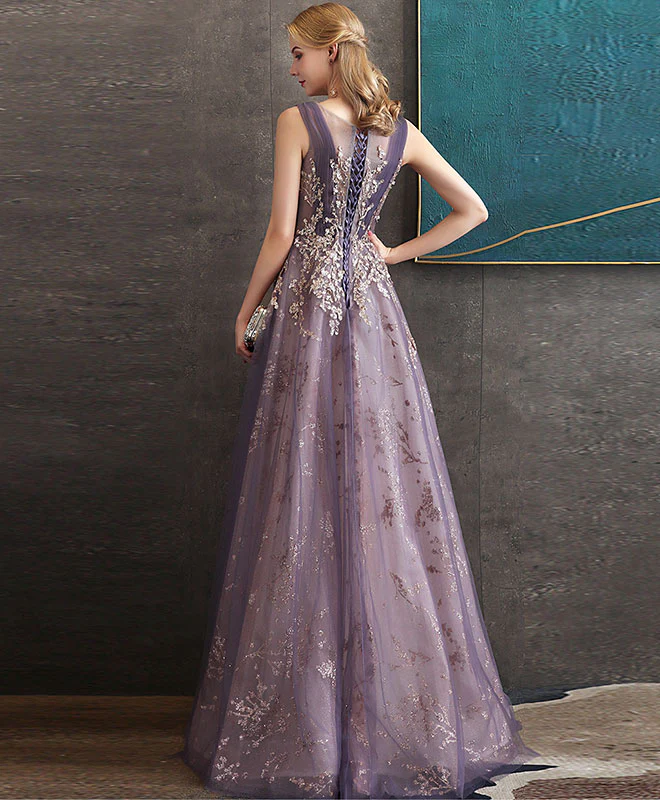 Purple Round Neck Tulle Lace Long Prom Dress Purple Evening Dress - Deanwangkt