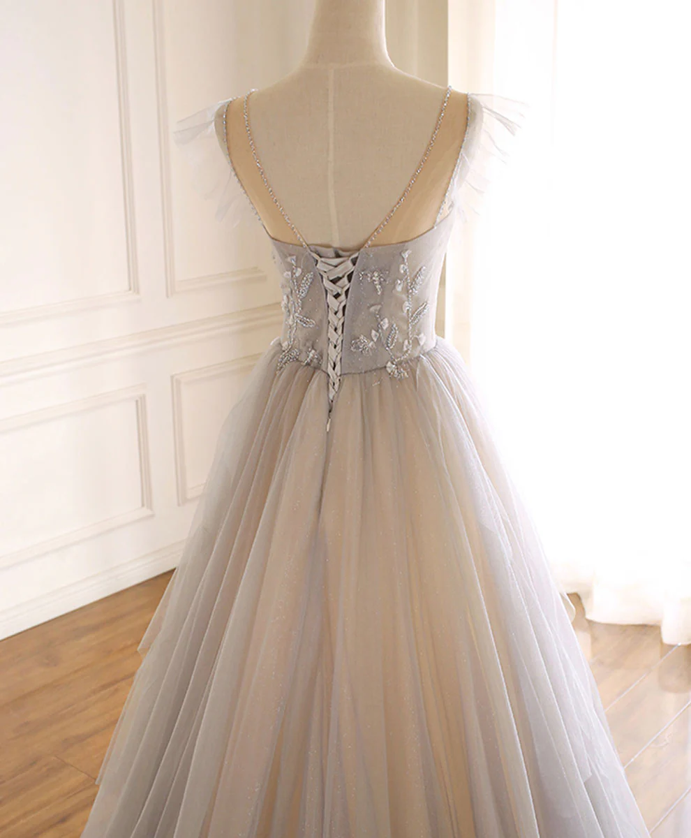 Gray Purple Round Neck Tulle Long Prom Dress, A line Formal Graduation Dress - Deanwangkt