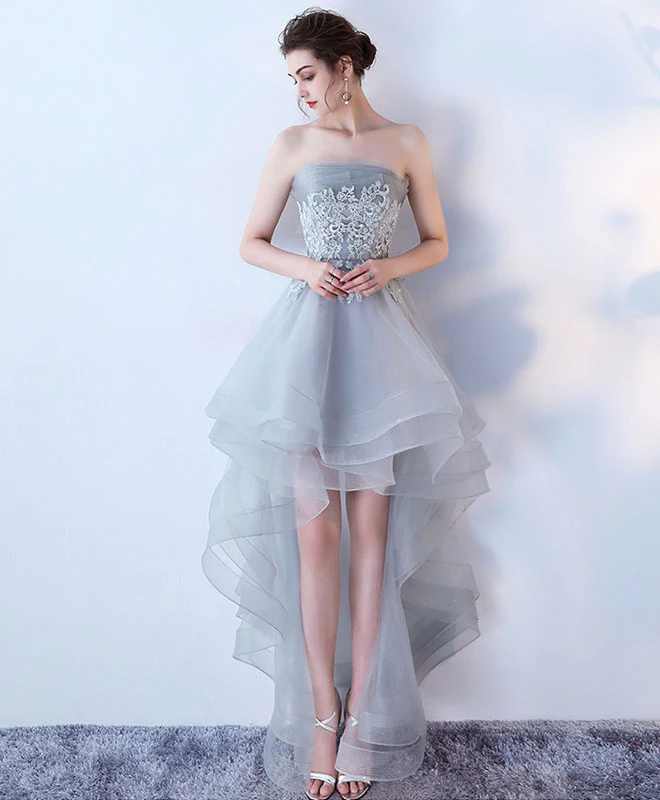 Gray Tulle Lace High Low Prom Dress, Cute Homecoming Dress - Deanwangkt