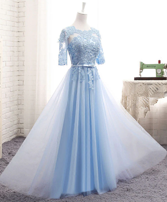 Blue Tulle Lace Long Prom Dress Blue Tulle Bridesmaid Dress - Deanwangkt