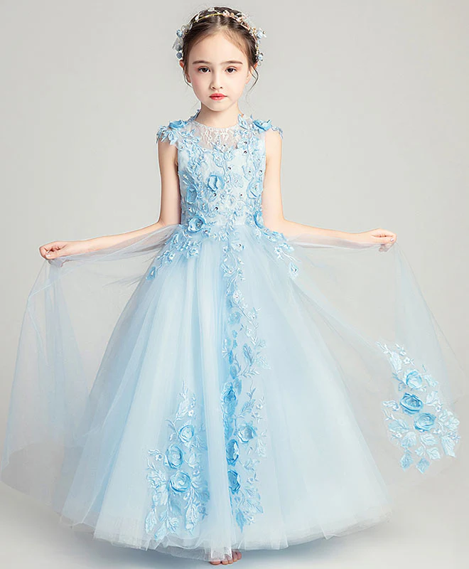 Blue Round Neck Tulle Lace Flower Girl Dress, Girl Fashion Dress - Deanwangkt