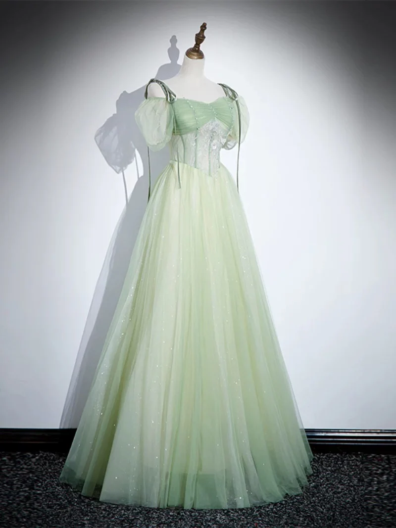 A-Line Tulle Lace Green Long Prom Dress, Green Long Evening Dress - Deanwangkt