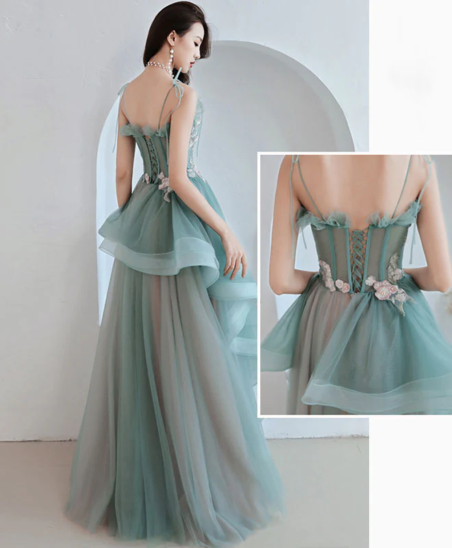 Green Tulle Lace Long Prom Dress, Green Tulle Lace Evening Dress - Deanwangkt