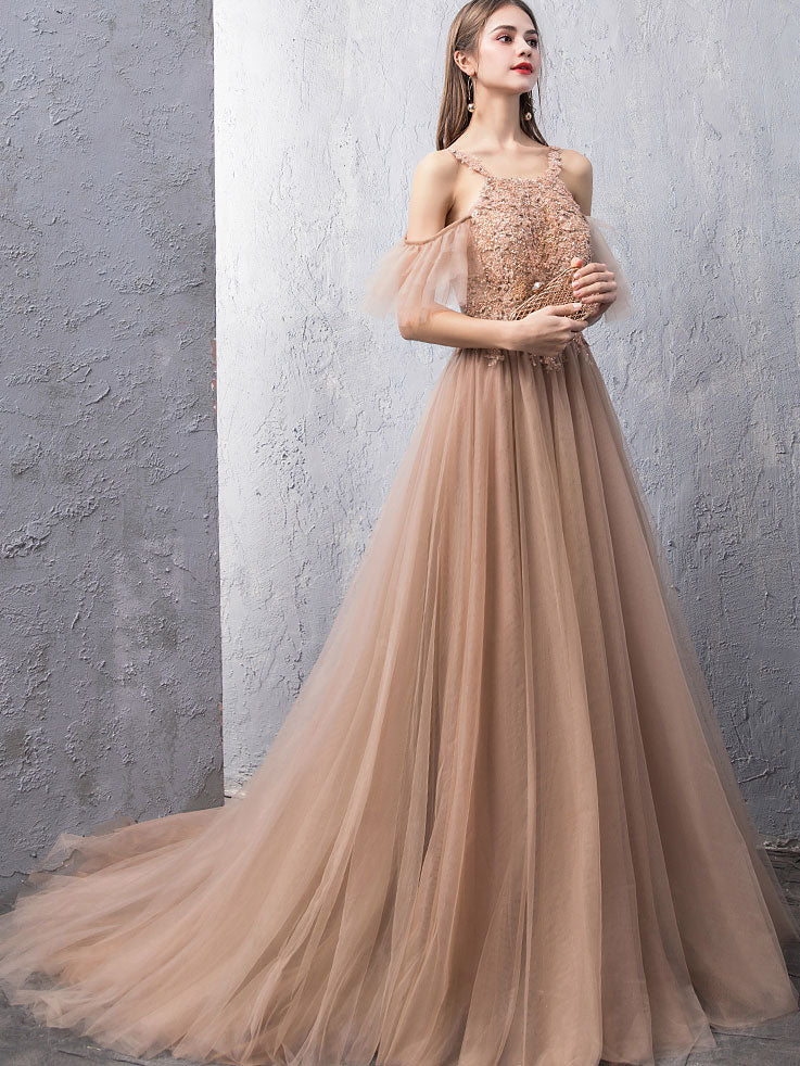 Champagne Tulle Lace Long Prom Dress, Champagne Lace Evening Dress - Deanwangkt