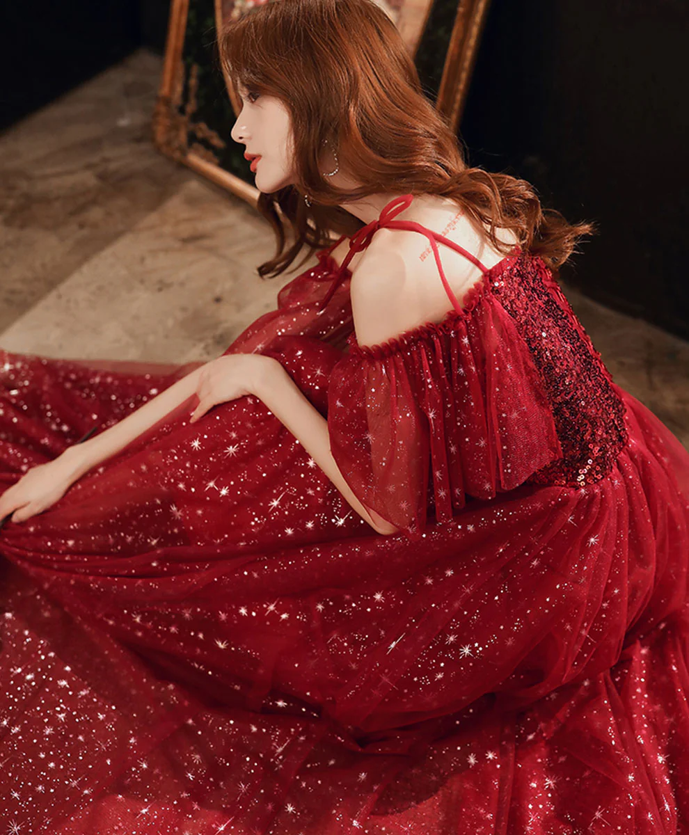 Burgundy Sweetheart Tulle Sequin Long Prom Dress, Burgundy Formal Dress - Deanwangkt