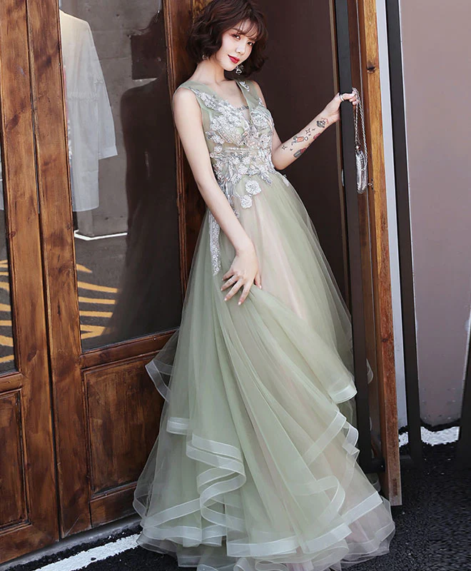 Green V Neck Tulle Lace Long Prom Dress, Green Formal Dress - Deanwangkt