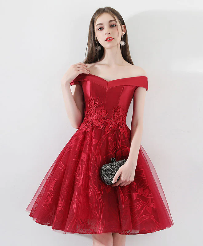 Burgundy Lace Tulle Short Prom Dress, Burgundy Homecoming Dress - Deanwangkt