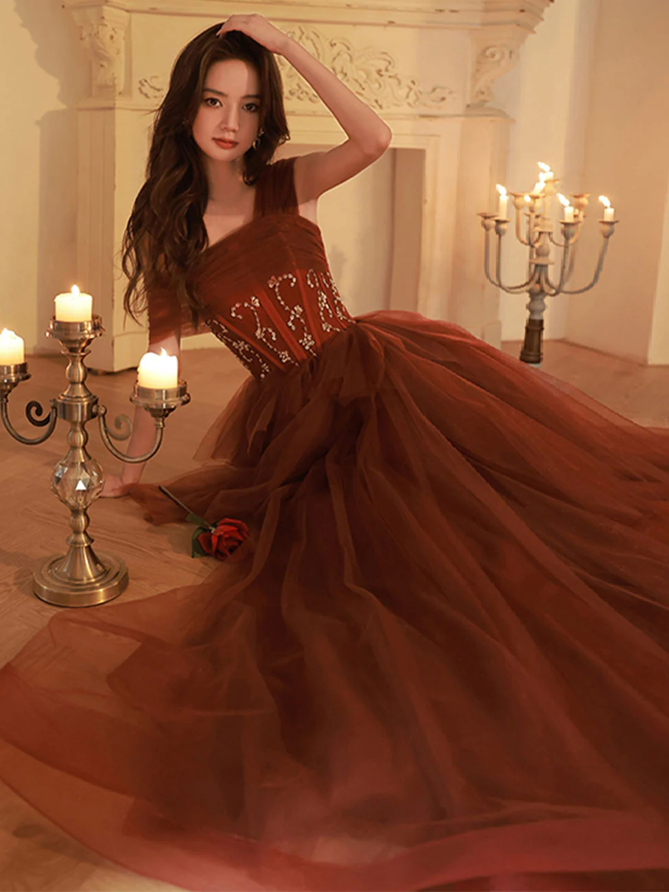 A Line One Shoulder Tulle Long Burgundy Prom Dresses, Burgundy Formal Graduation Dress With Sequin Beading - Deanwangkt