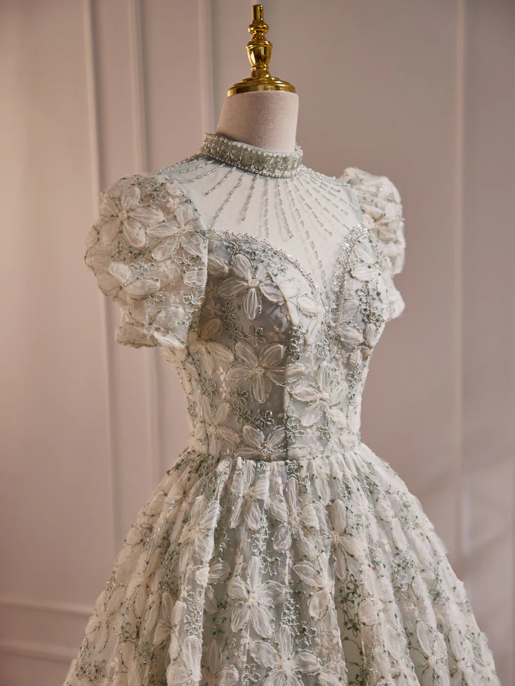 Unique Hight Neck Tulle Lace Tea Length Prom Dress, Light Green Formal Dress - Deanwangkt