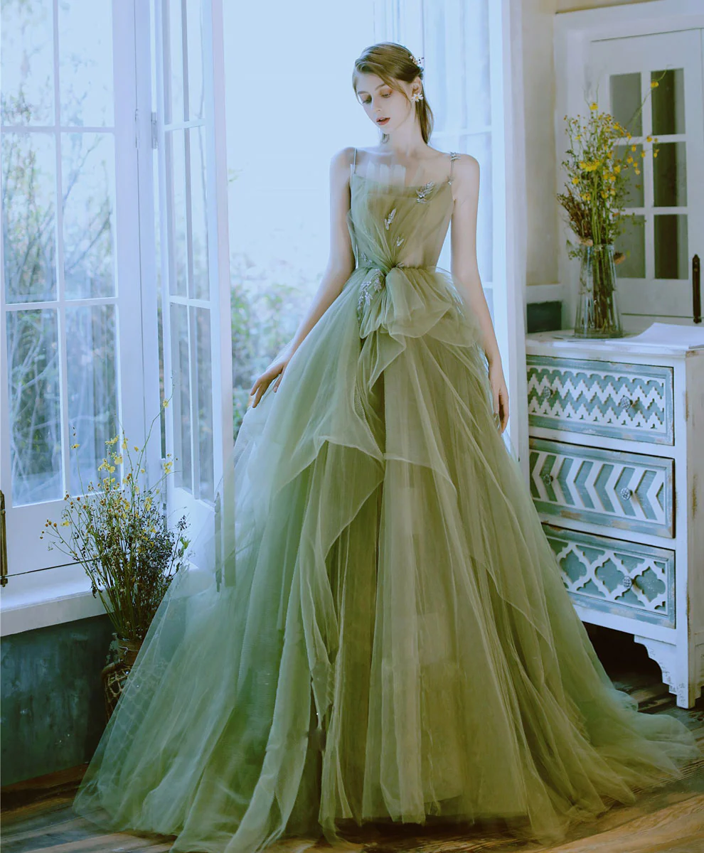 Green Tulle Lace Long Prom Dress Green Tulle Lace Formal Dress - Deanwangkt