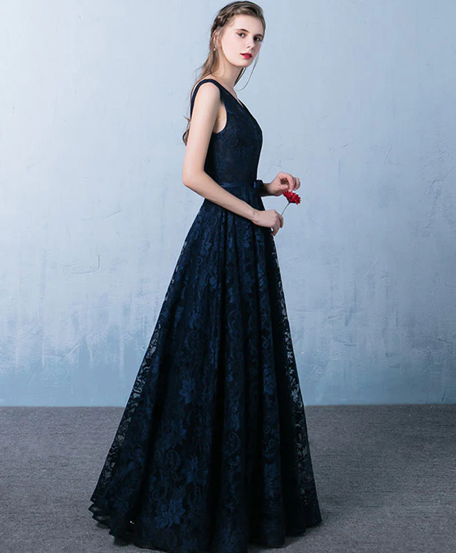 Elegant Dark Blue V Neck Long Prom Dress, Lace Evening Dress - Deanwangkt