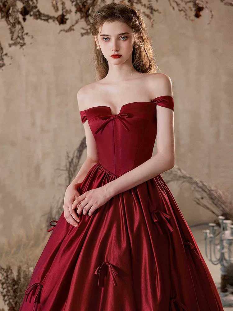 A-Line Off Shoulder Satin Burgundy Long Prom Dress, Burgundy Formal Dress - Deanwangkt