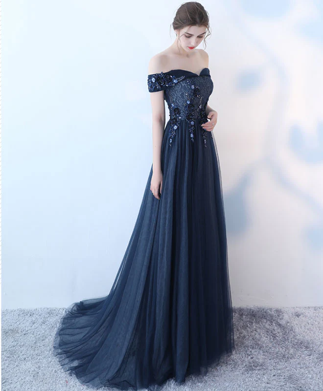 Blue Lace Tulle Long Prom Dress, Lace Evening Dress - Deanwangkt