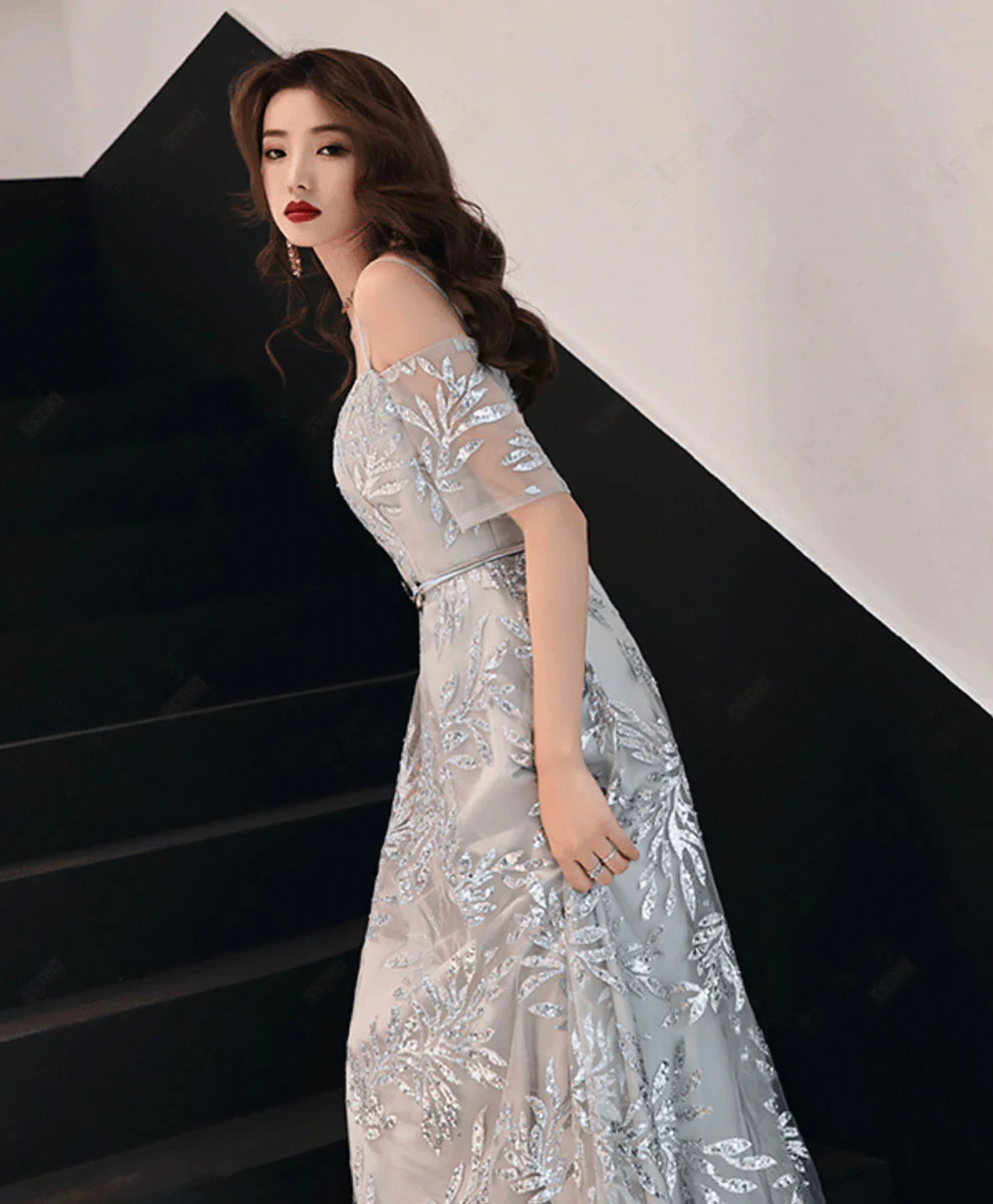 Gray Tulle Lace Long Prom Dress Gray Lace Evening Dress - Deanwangkt