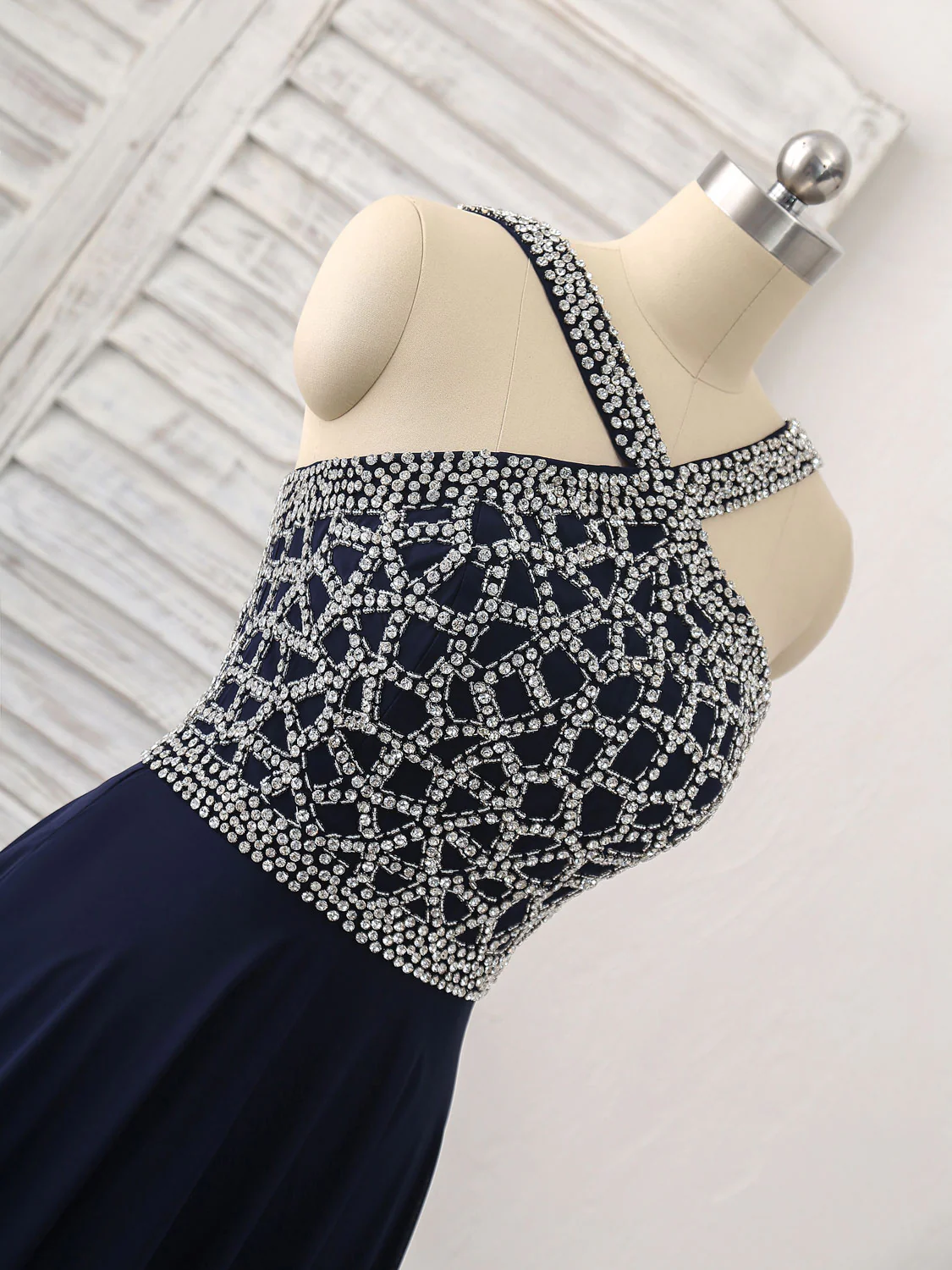 Dark Blue Chiffon Beads Long Prom Dress, Blue Evening Dress - Deanwangkt