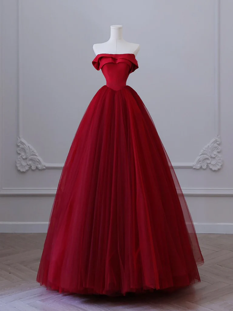 A-Line Tulle Burgundy Long Prom Dress, Burgundy Tulle Long Formal Dress - Deanwangkt