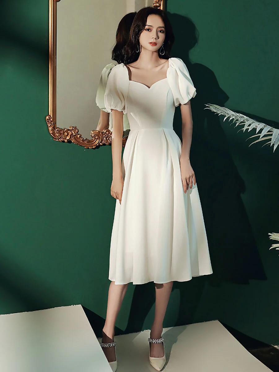 Simple Sweetheart Neck Short Prom Dress, White Bridesmaid Dresses - Deanwangkt