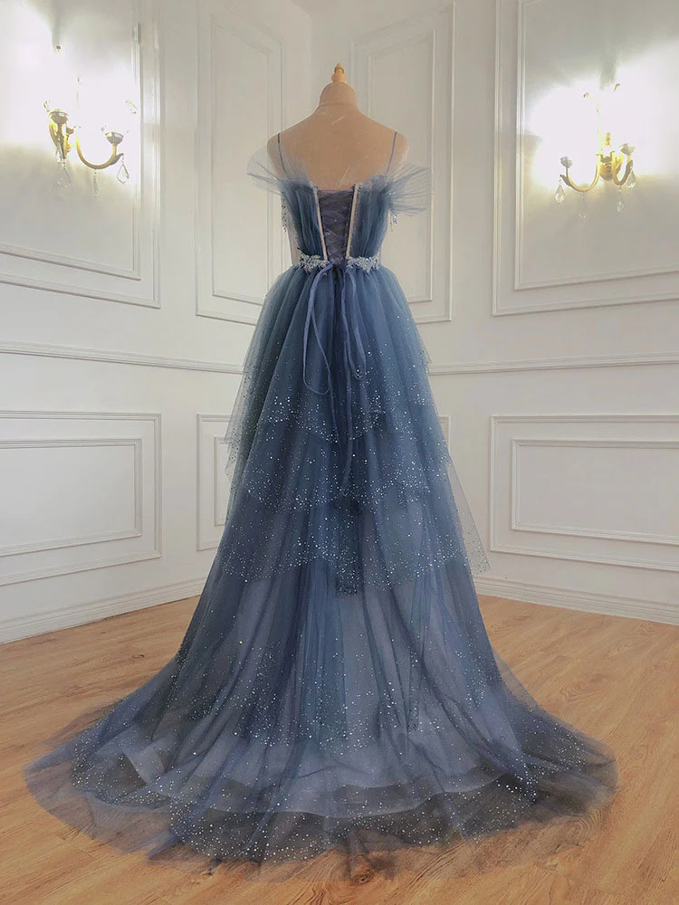 Gray Blue Tulle Beads Long Prom Dress, Blue Tulle Formal Dress - Deanwangkt