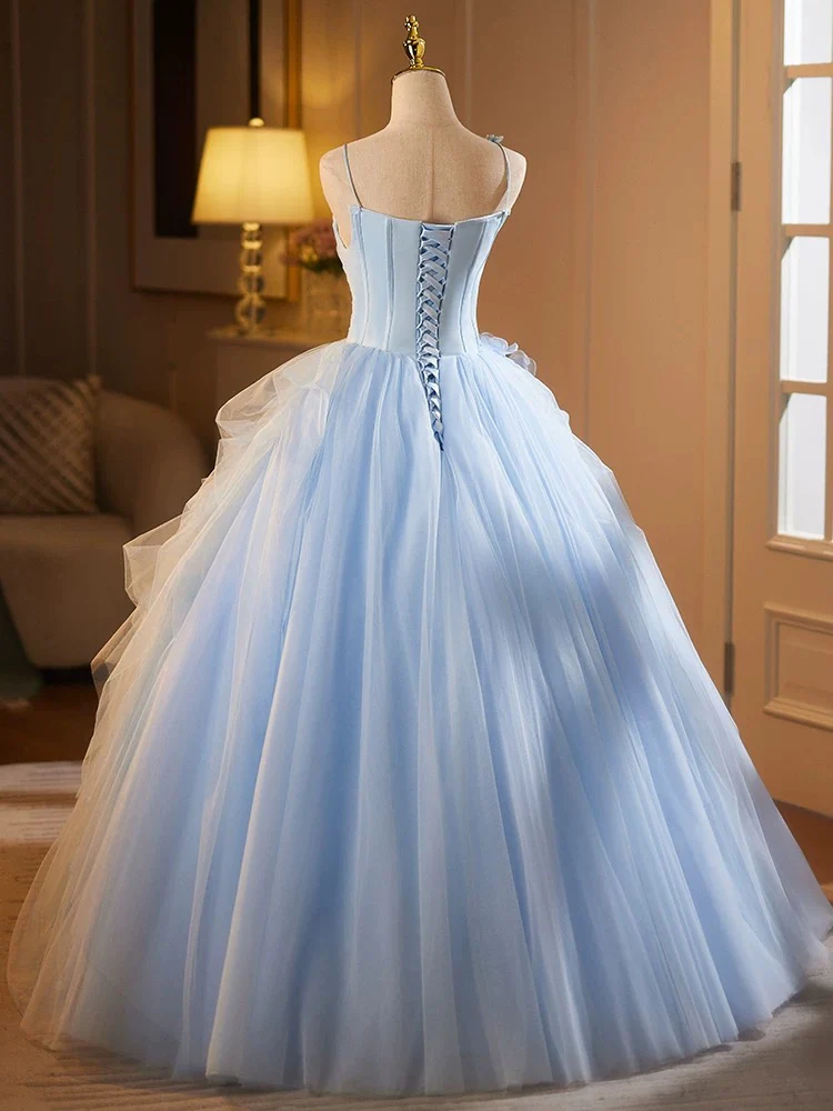 A-Line Tulle Lace Blue Long Prom Dress, Blue Long Formal Dress - Deanwangkt