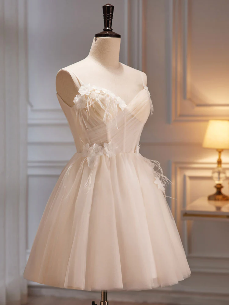 A-Line V Neck Tulle Light Champagne Short Prom Dress, Champagne Homecoming Dress - Deanwangkt