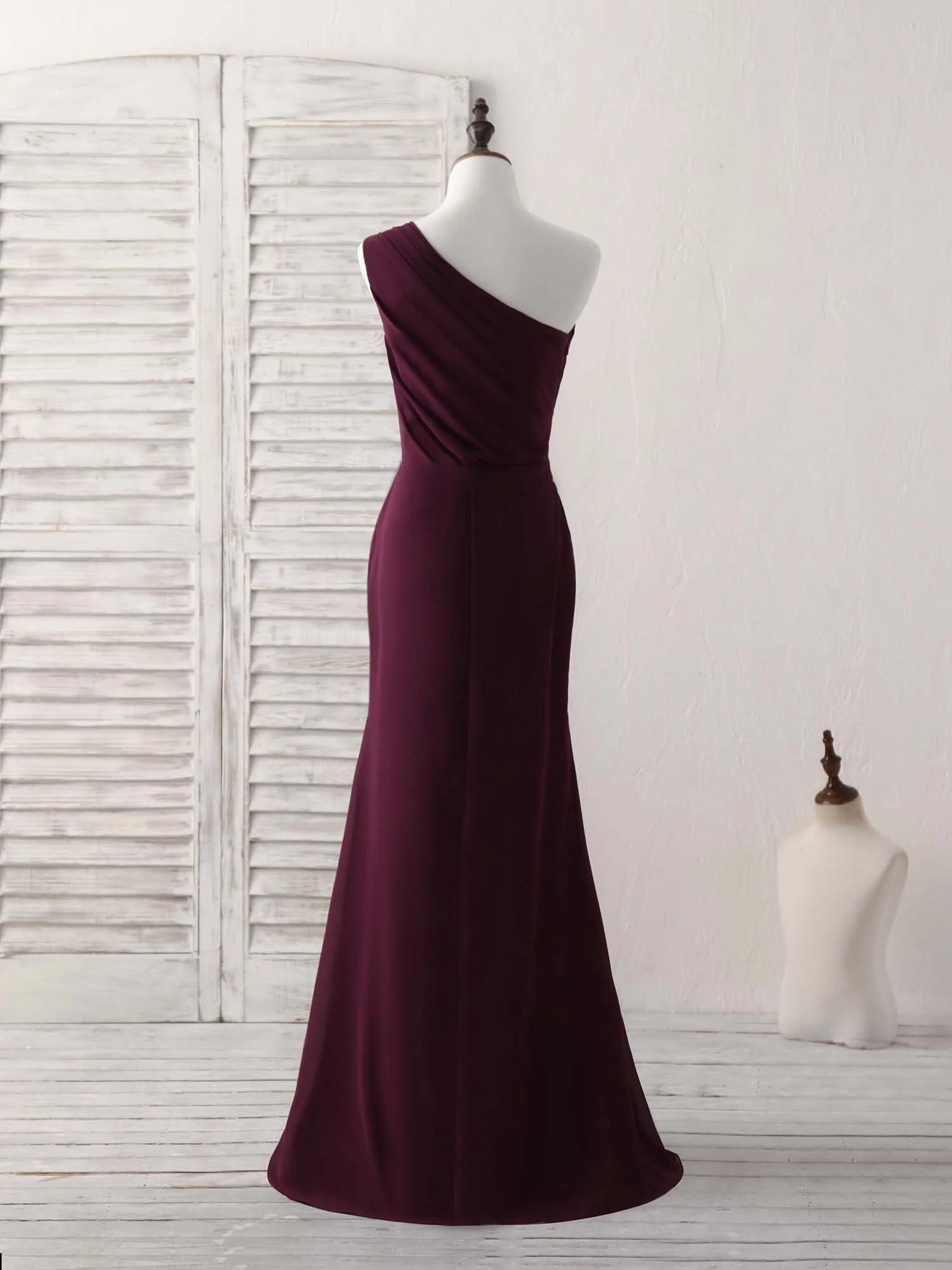 Burgundy One Shoulder Chiffon Mermaid Long Prom Dresses - Deanwangkt