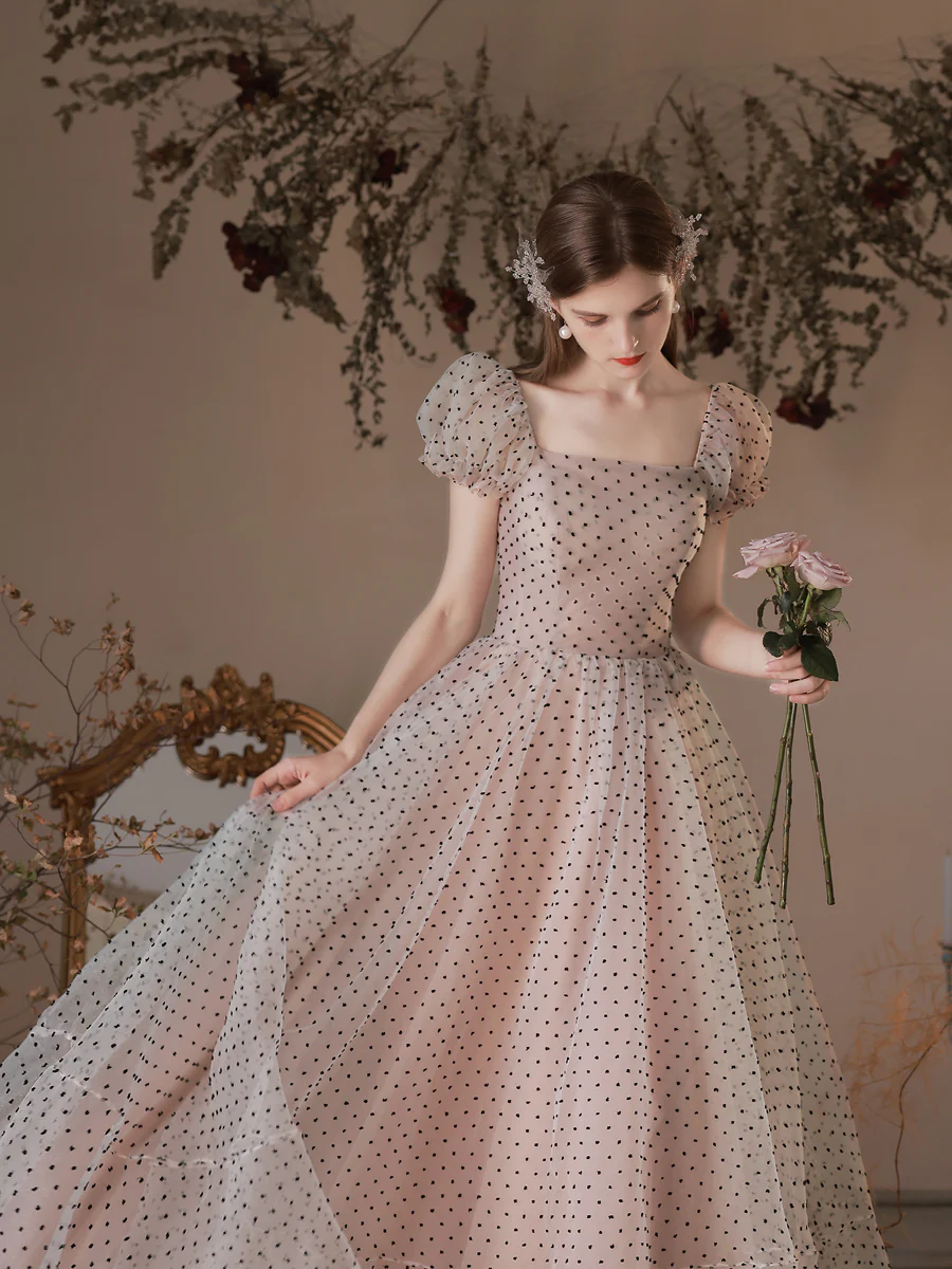 A Line Polka Dot Tulle Tea Length  Pink Prom Dresses, Puff Sleeves Homecoming Dress - Deanwangkt