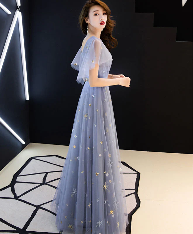 Blue Aline Tulle Long Prom Dress, Blue Tulle Bridesmaid Dress - Deanwangkt