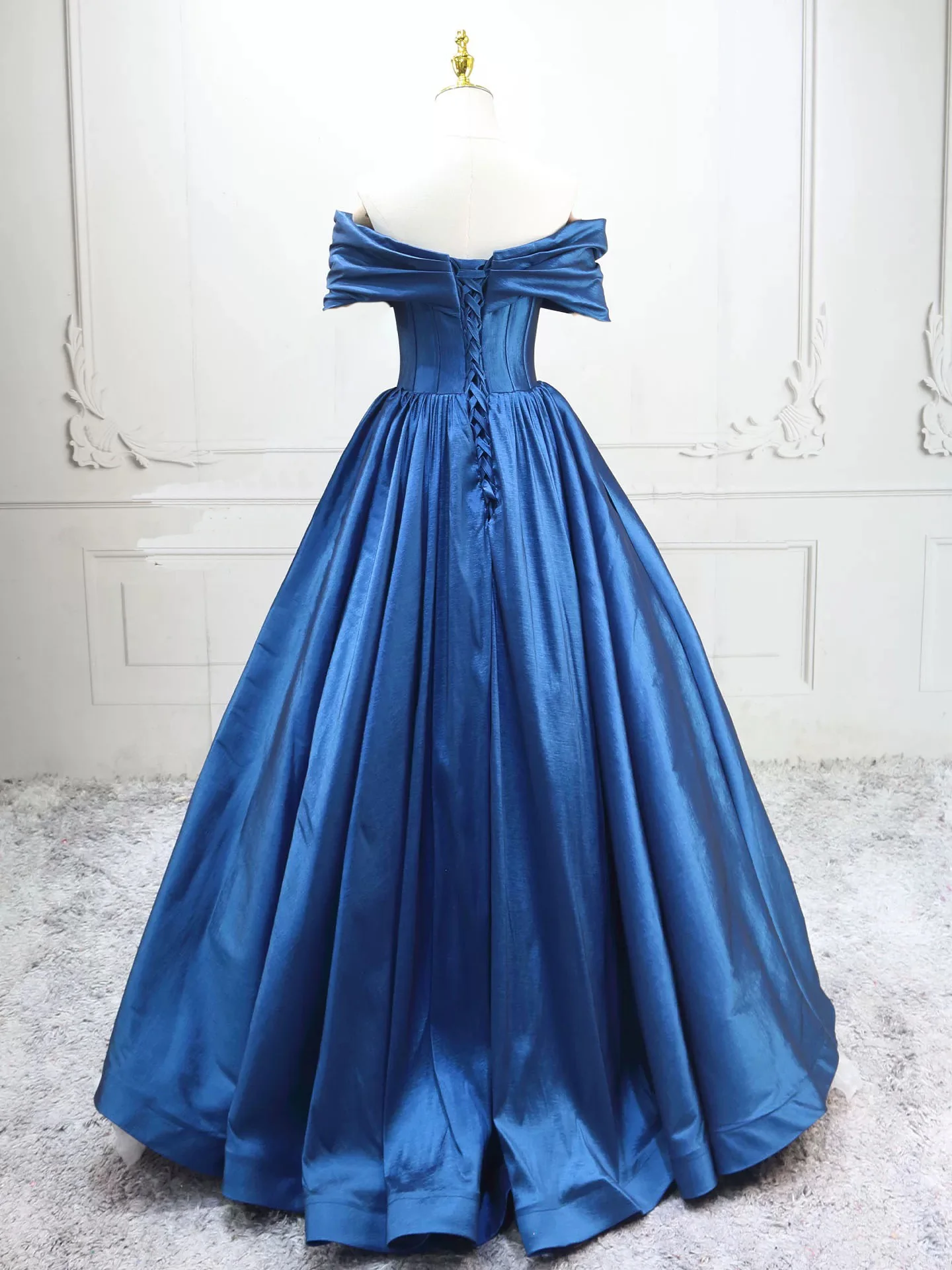 A-Line Off Shoulder Blue Long Prom Dress, Blue Long Formal Dress - Deanwangkt