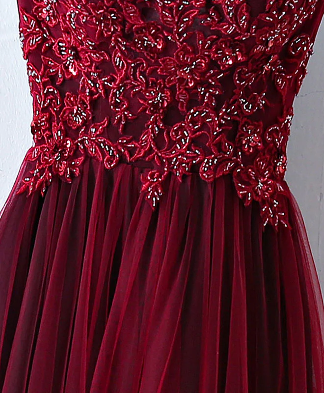 Burgundy One Shoulder Long Prom Dress, Lace Evening Dress - Deanwangkt
