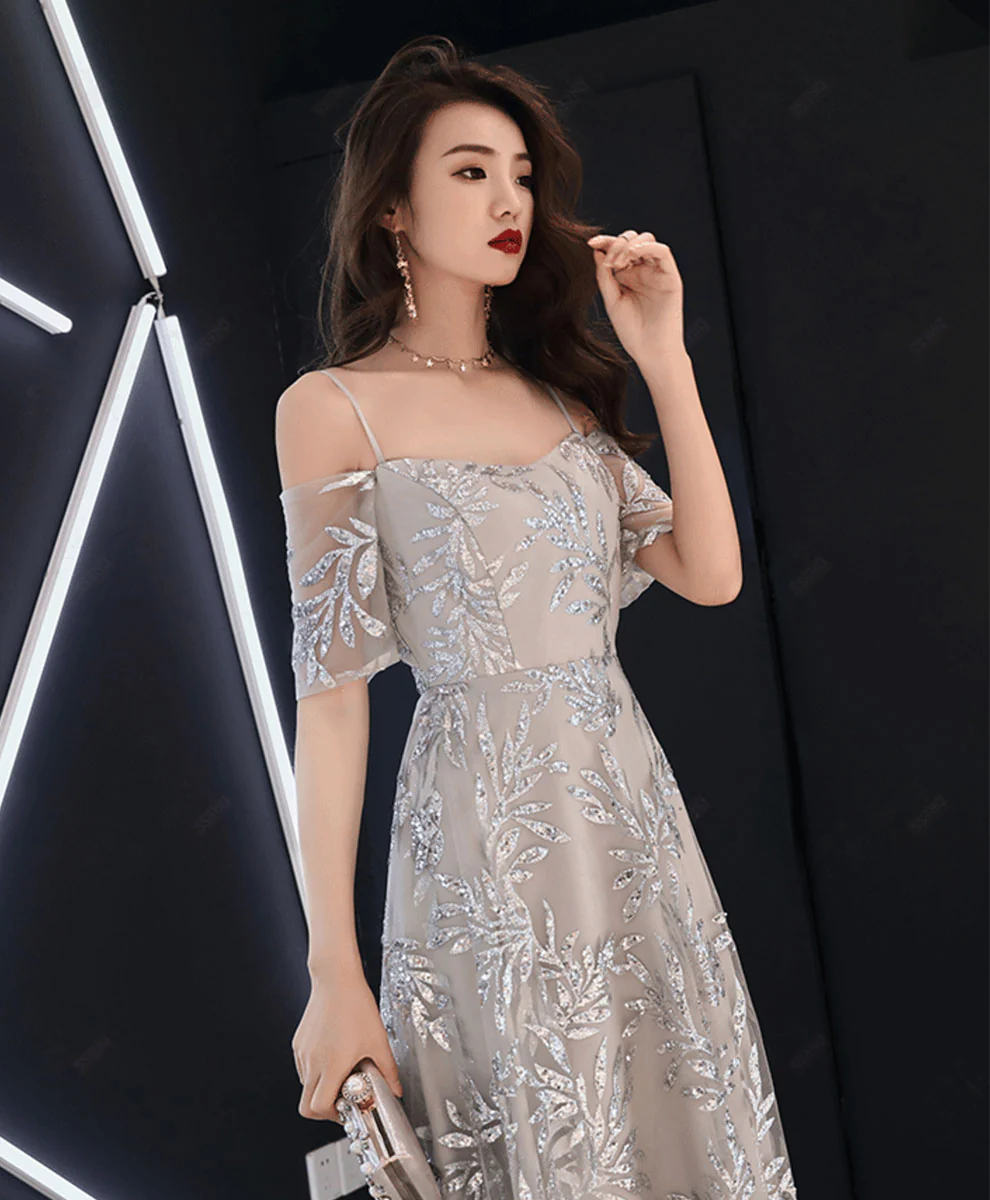 Gray Tulle Lace Long Prom Dress Gray Lace Evening Dress - Deanwangkt